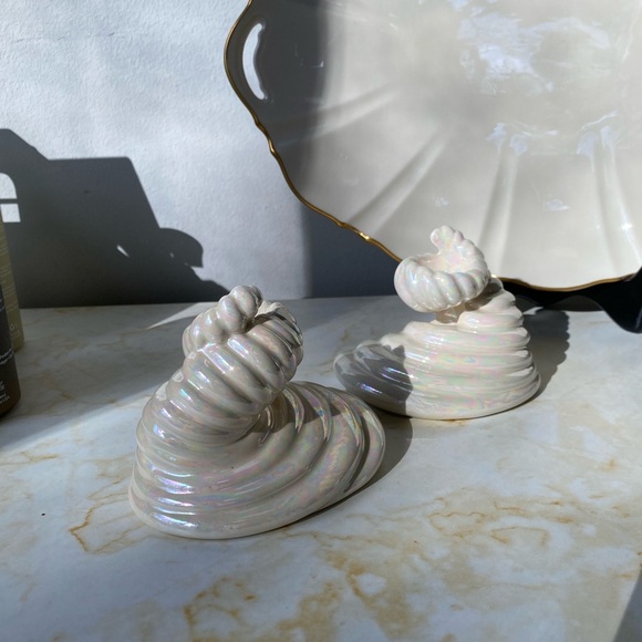 2 Handmade Etsy ceramic iridescent cream seaside candleholders